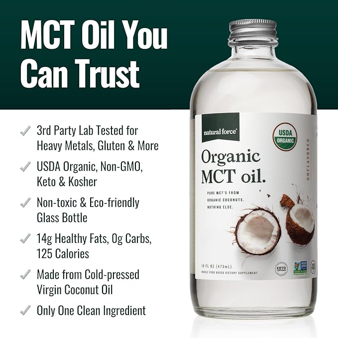 Natural Force Pure Omega 3 - Liquid Fish Oil Lemon Cake Flavor - 16 Oz Glass Bottle 100% Virgin Coconut MCT Oil - 16oz Glass Bottle