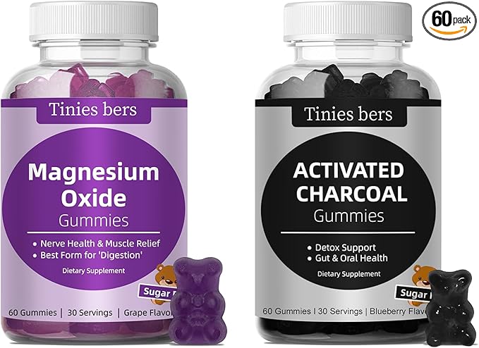 Activated Charcoal Gummies 400mg Magnesium Oxide Gummies 500mg Sugar Free for Adults &amp Kids Quicker to Cleanse Detox Gas Relief Gut &amp Oral Health Best Mg Form for ‘Digestion’