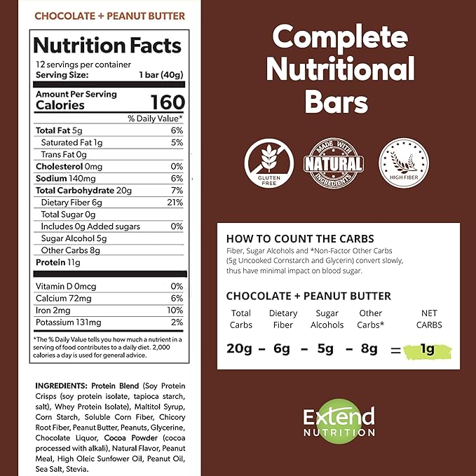 Extend Nutrition Power Pack: Sugar-Free &amp High-Protein Bars – Perfect Diabetic Snacks - Chocolate Peanut Butter &amp Peanut Butter Low Carb Keto-Friendly Energy &amp Hunger Control!
