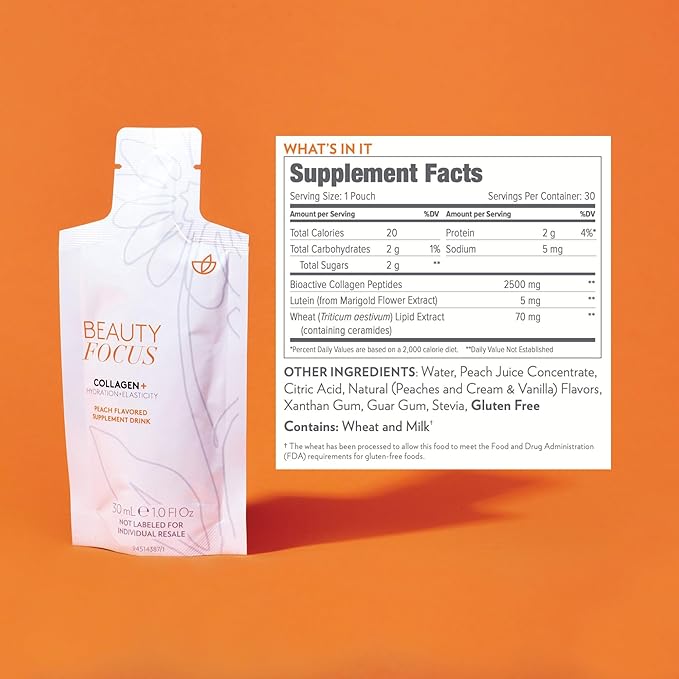 Nu Skin Beauty Focus Collagen+ | Marine Collagen Liquid Supplement with Lutein &amp Wheat Lipids | Supports Skin Hydration Elasticity &amp Smooth Appearance | 30 Pouches | Peach