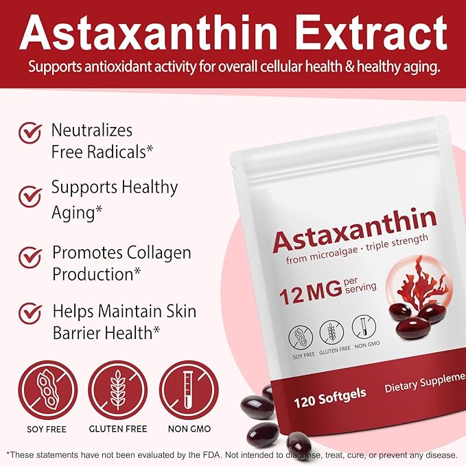 2Pack Premium Astaxanthin 12mg Natural Antioxidant Supplement for Eye Joint Skin HealthMicroalgae Source 4 Month Supply | Supports Internal Circulation 240 Softgels
