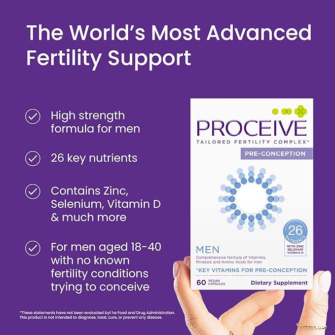Proceive Tailored Fertility Supplement for Men Pre Conception Vitamins Minerals and Amino Acids With Vitamin D Zinc Folate Selenium and COQ10 Men's Pre Pregnancy Multivitamin 60 Vegan Capsules