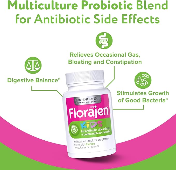 Florajen Kids Probiotic 6 Billion CFUs Refrigerated Probiotics for Kids Multi Culture Probiotic Supplement Relieves Occasional Gas Bloating &amp Constipation Supports Gut Health 30 Ct (3 Pack)