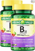 KP+ Spring Valley Vitamin B12 | B12 500 mcg Vitamin Supplement | Metabolism Support | Natural Cherry Flavor | 200 Microlozenges | Pack of 2
