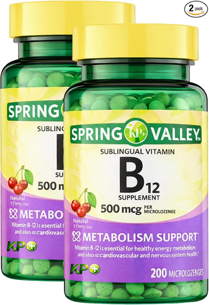 KP+ Spring Valley Vitamin B12 | B12 500 mcg Vitamin Supplement | Metabolism Support | Natural Cherry Flavor | 200 Microlozenges | Pack of 2