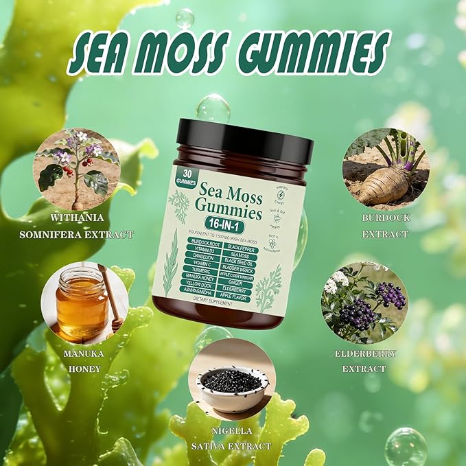 Sea Moss Gummies 16-in-1 Organic Irish Sea Moss Supplement for Immune Support Digestion Energy - Vegan Non-GMO