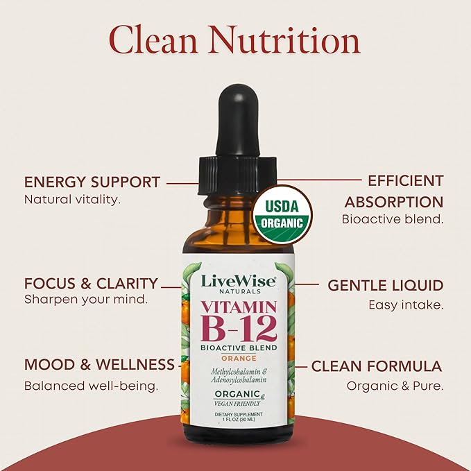 Organic Vitamin B12 1000 mcg Sublingual Liquid Drops For Adults 6 Months Supply 1 oz Methylcobalamin &amp Adenosylcobalamin - Bioactive Blend for Energy Clarity &amp Focus - Vegan Non-GMO Orang