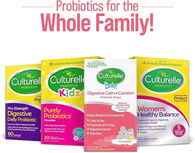 Culturelle Pro Strength Daily Probiotic Capsules Probiotics for Men &amp Women 60 Count 2 Months + Baby Digestive Calm &amp Comfort Probiotic (Age 0-12 Mos) Helps Periodic Colic Gas Fussiness 8