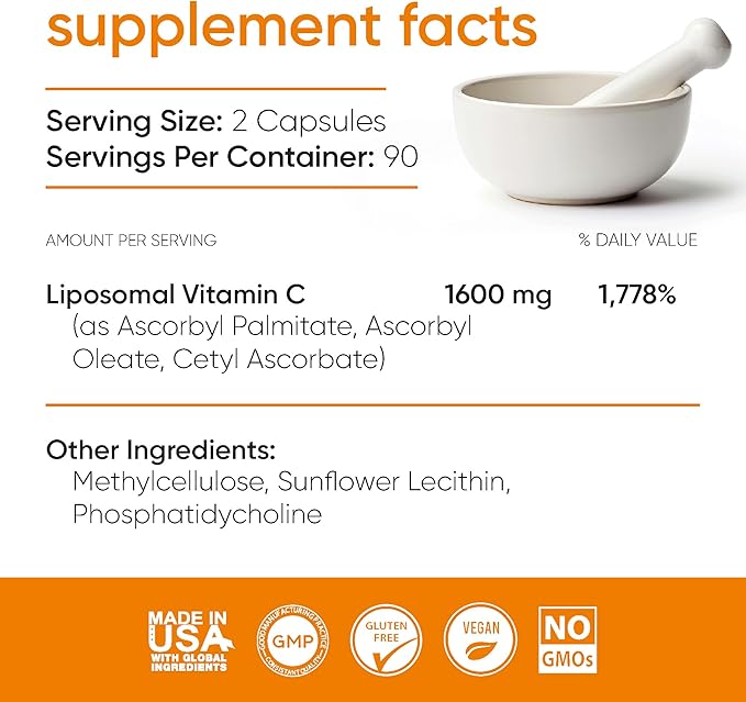Liposomal Vitamin C 1600mg High Absorption Capsules with Sunflower Lecithin Fat-Soluble Vitamin C Supplement for Immune Collagen and Antioxidant Support 180 Vegan Capsules