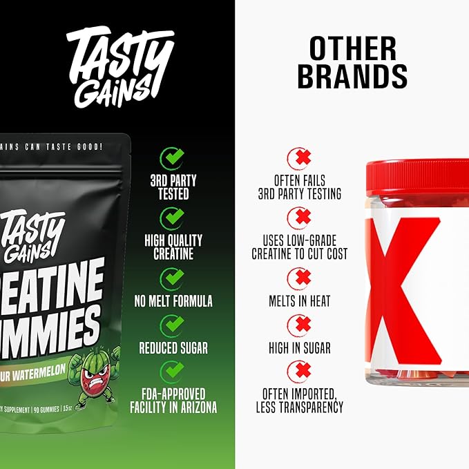 TASTY GAINS Creatine Gummies 90g of Creatine Non-GMO Vegan - Build Muscle &amp Boost Strength for Men &amp Women (1g Creatine Monohydrate Per Gummy) Made in USA (90 Sour Watermelon)
