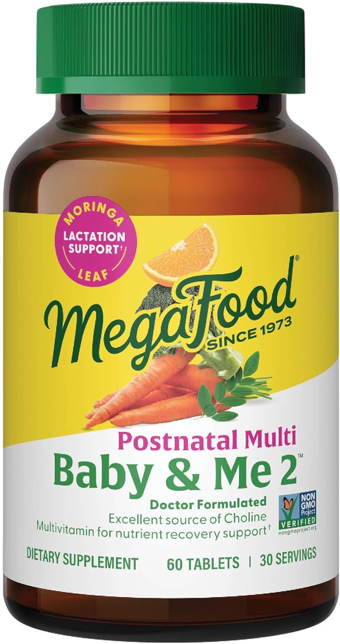 MegaFood Baby &amp Me 2 Postnatal Vitamins for Women Breastfeeding with Folate (Folic Acid Natural Form) Choline Iodine Vitamin D Moringa Leaf and More - 60 Tabs (30 Servings)