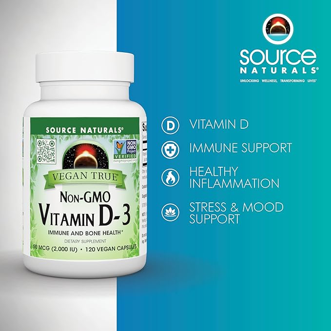 Source Naturals Vegan True Non-GMO Vitamin D-3 Dietary Supplement for Immune and Bone Health* 2000 IU - 90 Capsules
