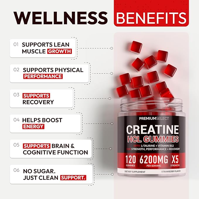 Creatine HCL for Adults 120 Gummies 6200mg - HCL Creatine Advanced Complex with L-Taurine + Vitamin B12 for Men &amp Women Muscle Strength &amp Builder Energy Boost Pre-Workout &amp Recovery Supp
