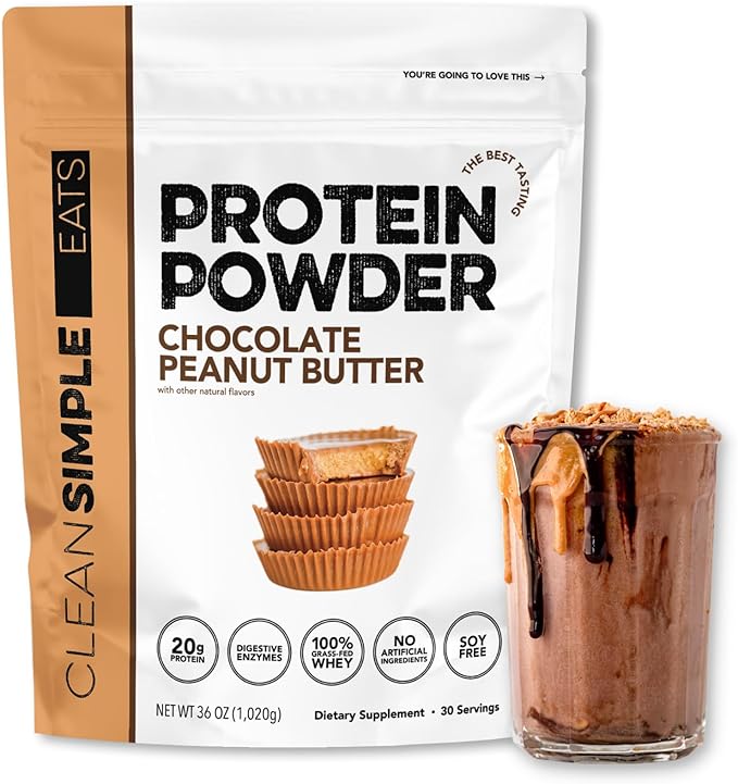 Clean Simple Eats Whey Protein Powder Chocolate Peanut Butter Flavor Naturally Sweetened 100% Grass Fed Protein Powder with Digestive Enzymes &amp No Artificial Ingredients Gluten Free 30 Serving
