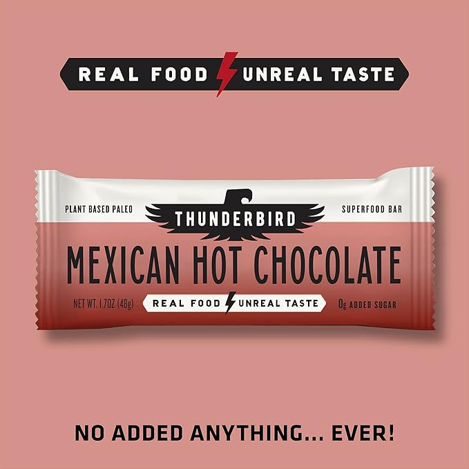 Thunderbird Bars Energy Snack Gluten-Free with Protein Healthy Real Food Vegan Paleo Non-GMO No Added Sugar Mexican Hot Chocolate Flavor (12 Count 1.7 oz. Bars)