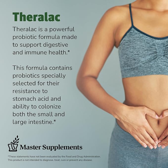 Master Supplements Theralac - 30 Capsules Pack of 2 - Multi-Strain Probiotic for Optimal Gut Health + Gas &amp Bloating Relief - Gluten Free - 60 Servings