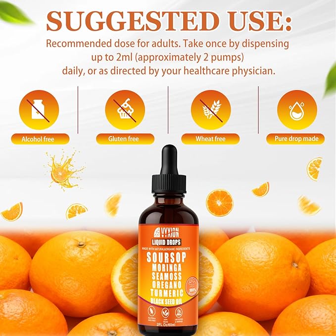 Soursop Bitters Liquid Drops 10 in 1 with Sea Moss Moringa Turmeric Black Seed Oil Oregano Ashwagandha | Herbal Extracts for Overall Health-Enhancing | Vegan Non-GMO | 2 Fl Oz (Orange flavor)