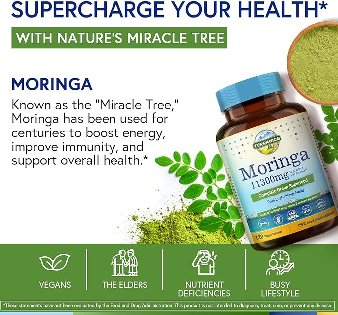 Terranics Magnesium Complex &amp Moringa Capsules Bundle - 500mg 5 Forms Magnesium Glycinate Citrate Malate Aspartate Gluconate + 11300mg Pure Moringa Leaf Powder 240 Caps + 120 Caps