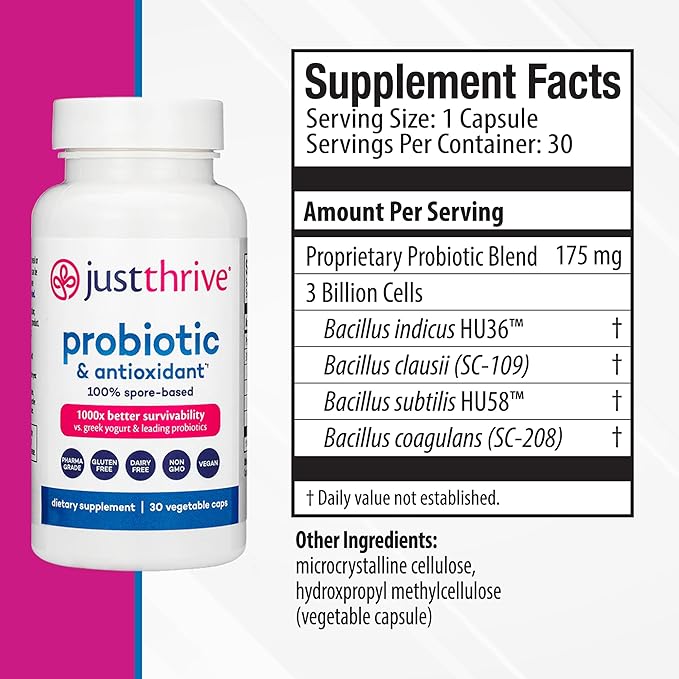 Just Thrive Probiotic &amp Antioxidant 30 Caps &amp PREbiotic 120 Caps Bundle Spore-Based Digestive &amp Immune Support Prebiotic Blend Gut Health Gluten-Free- 30-Day Supply