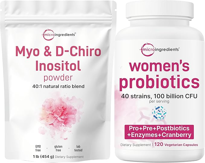 Micro Ingredients Myo-Inositol with D-Chiro Inositol Powder &amp Women’s Probiotics 100 Billion CFU Veggie Capsules | 2 Pack Bundle | 40:1 Ideal Ratio | 40 Strains + Cranberry &amp D-Mannose