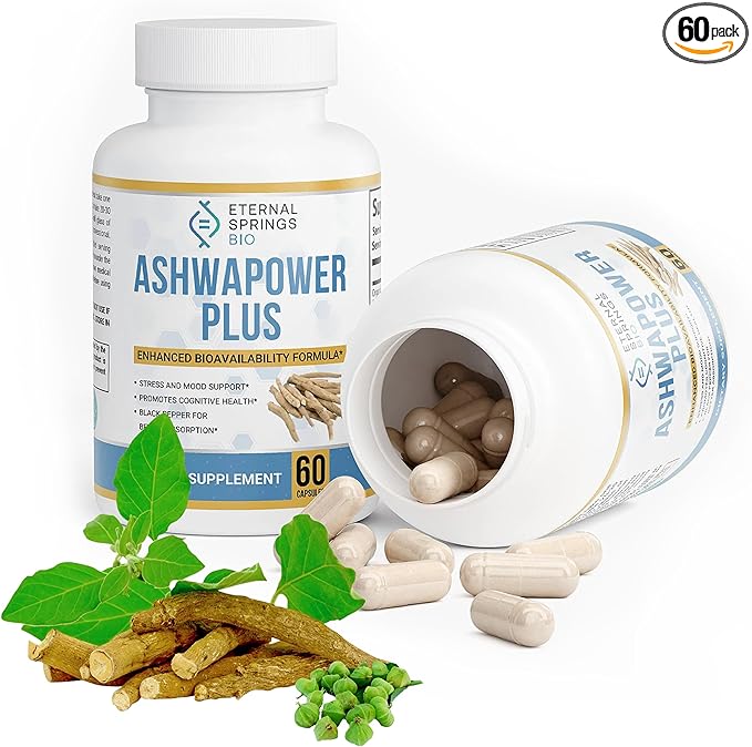 AshwaPower Plus Herbal Ashwagandha Dietary Supplement 60 Capsules Organic Ashwagandha Black Pepper Stress Relief Vitality