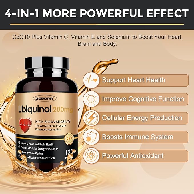 ZEBORA Ubiquinol CoQ10 200mg Softgels 4-in-1 Powerful Antioxidant for Heart and Vascular Health Essential for Energy Production Max Absorption Active Form of CoQ10 120 Softgels (Pack of 2)