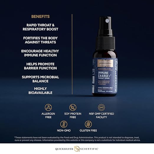 Quicksilver Scientific Immune Charge+ Zinc Throat Spray - Immune Support Liquid Supplement with Quercetin - 'Throat Coat' with Liposomal Absorption Technology (0.9 fl oz / 27ml)