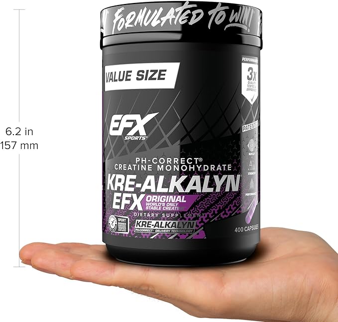 EFX Sports Kre-Alkalyn EFX | pH Correct Creatine Monohydrate Pill Supplement | Strength Muscle Growth &amp Performance | 200 Servings 400 Capsules