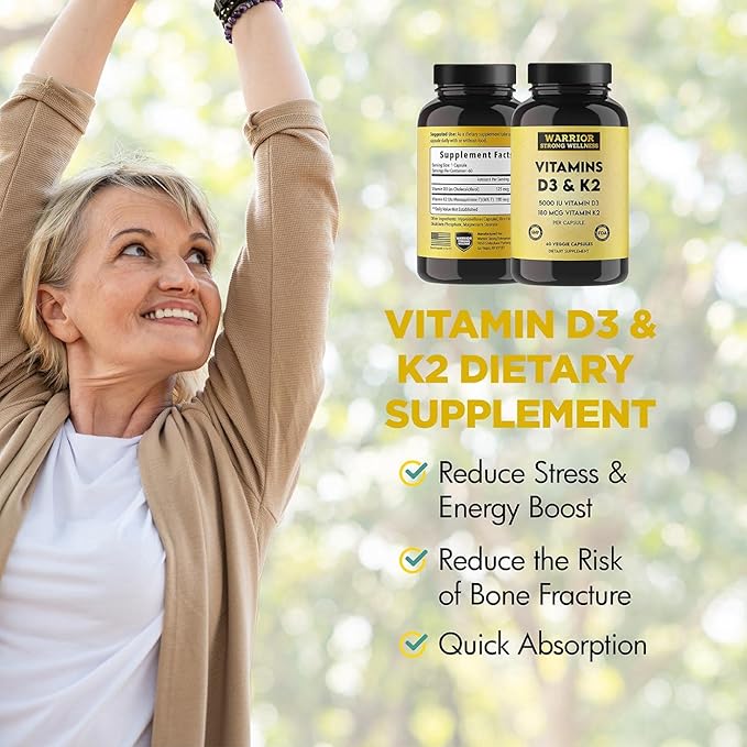 Vitamin D3 and K2 Supplement - 5000IU Vitamin D3 and 180MCG Vitamin K2 Supplement - Immune Heart Health - 2 Month-Supply 60 Veggie Capsules