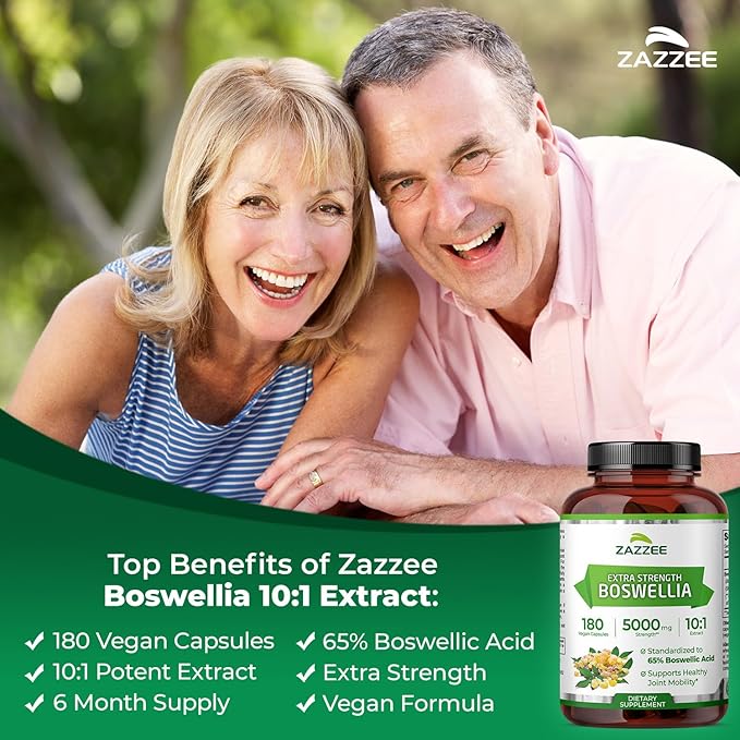 Zazzee Extra Strength Boswellia 10:1 Extract 65% Boswellic Acid 180 Vegan Capsules 6 Month Supply Boswellia Serrata Joint Comfort Mobility &amp Flexibility Support Non-GMO Made in the USA