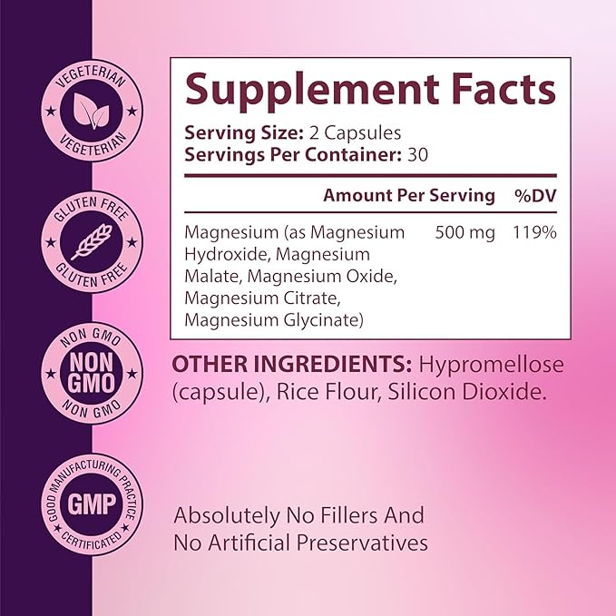 Magnesium Complex for Women – Spectrum 5-Form Magnesium Complex (500 mg) High Absorption Glycinate Citrate Oxide &amp Malate – Vegan Non-GMO Supports Sleep Energy Hormone &amp Bone – 60 Capsul