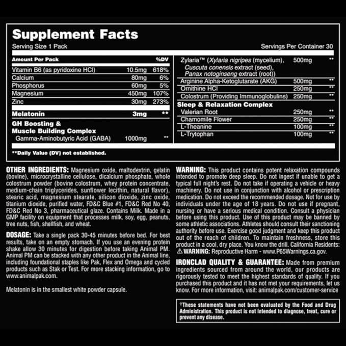 Animal PM - Sleep Aid for Adults Non-Habit Forming Relaxation Enhancer and Mood Support with Melatonin L-Theanine Zylaria Zinc Magnesium Vitamin B6 GABA + AKG Anabolic Stack Supply 30 Count