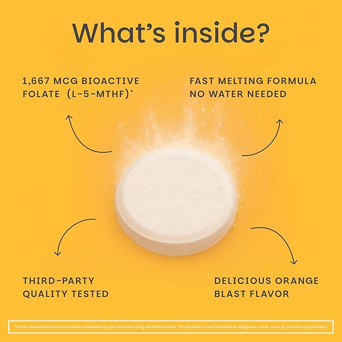 EZ Melts Dissolvable Folate 1667 mcg DFE - Methylated Folate Supplement - Heart Health &amp Healthy Fetal Development - Non-GMO Vegan &amp Dairy-Free - Orange Blast -60 Dissolvable Tablets (60 Ser