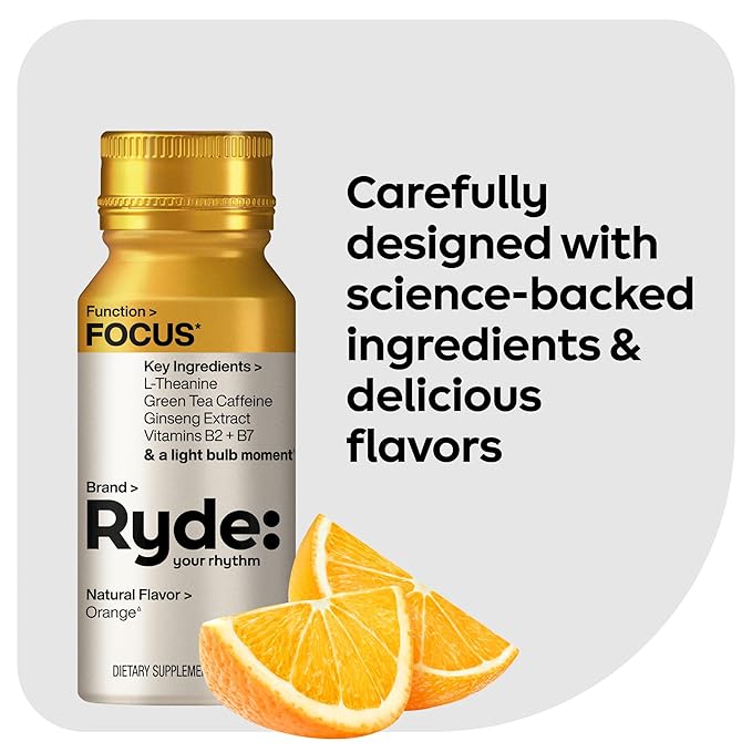 Ryde: Focus Shot | Orange Flavor | L-Theanine &amp Ginseng | Green Tea Caffeine | Vitamins B2 &amp B7 | 0 Calories 0 Sugar | 2 FL OZ Shots | Supports Focus* (24 Pack)
