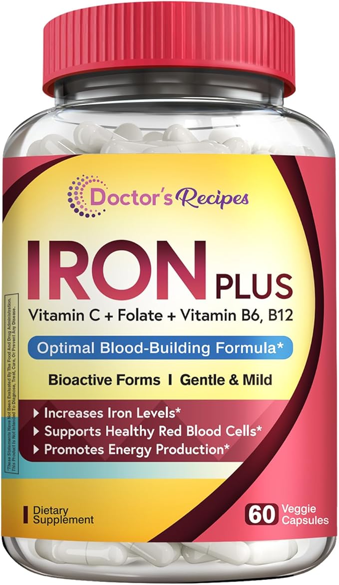 Doctor's Recipes Iron Plus &amp Prenatal  Iron Bundle Stomach‑Friendly and High‑Absorption Iron Support for Pregnancy &amp Daily Energy 120 Vegan Caps Total