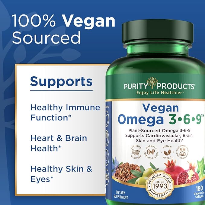 Purity Products Bundle - Vegan Omega 3-6-9 (180 ct)+ Vegan Collagen Builder Omega 3-6-9 (“5 in 1” Plant-Based Omega Essential Fatty Acid) - Vegan Collagen Builder (w/Key Plant-Based Ingredients)