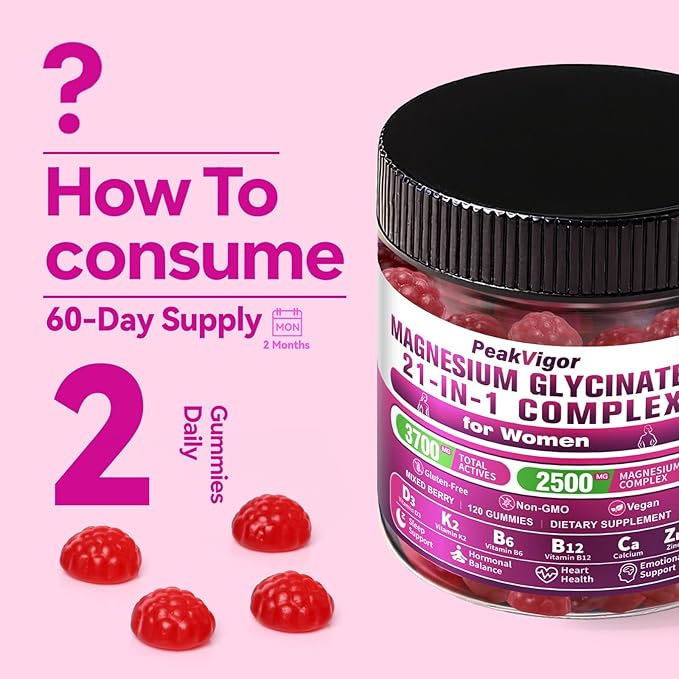 21 in 1 Magnesium Glycinate Gummy for Women with D3 K2 B6 B12 L-Theanine &amp Ashwagandha 2500mg Magnesium Complex Sleep Support Vegan Non-GMOThird-Party Tested (60-Day Supply)