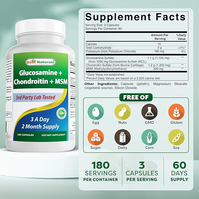 Best Naturals Glucosamine Chondroitin and MSM (Non-GMO) - Promotes Joint Health - 180 Count (Pack of 2)