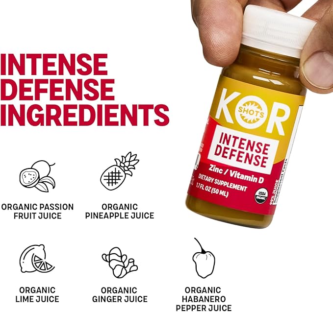 Kor Shot Vitamin D &amp Zinc Shot - 24 Pack x 1.7 Fl Oz - Intense Defense - 100% DV of Zinc and 235% DV of Vitamin D- USDA Certified Organic