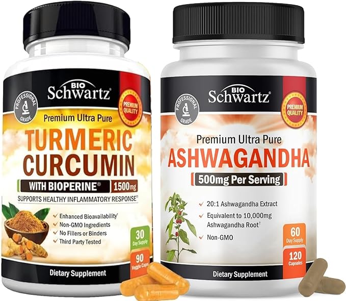 Extra Strength Ashwagandha Capsules (2 Month Supply) Plus Turmeric Curcumin with Black Pepper Extract 1500mg Complex (1 Month Supply)