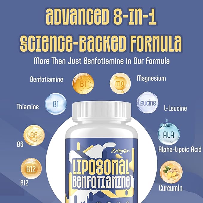 Zaigon Benfotiamine Thiamine Vitamin B1 Supplement 600mg Liposomal Fat Soluble VIT B1 with Alpha-Lipoic Acid for Men &amp Women Energy Boost Glucose Metabolism &amp Nerve Support (240 Vegan Capsu