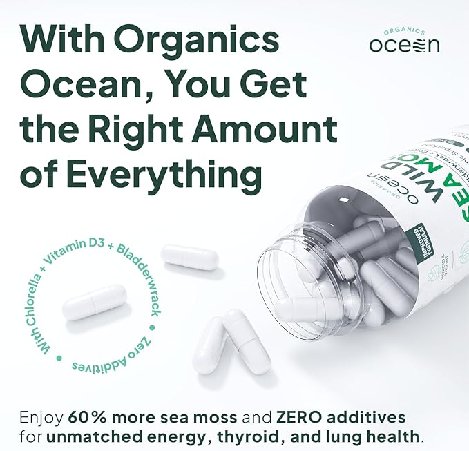 Organics Ocean Wild Sea Moss Capsules - 100% Organic Irish Sea Moss with Organic Chlorella Bladderwrack and Vitamin D for Energy Lung Health and Thyroid Support for Women and Men - 3 Bottles