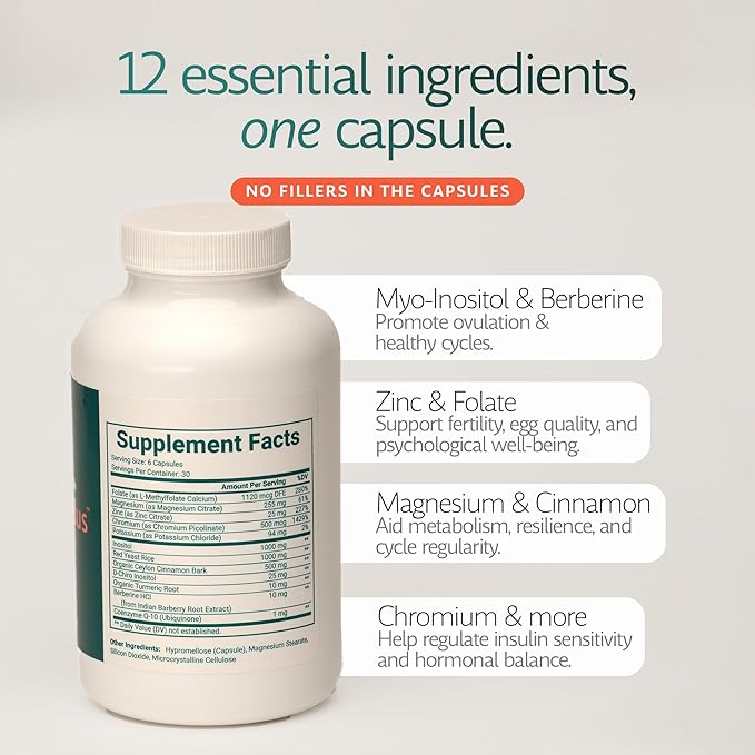 Supplement for Women | Ovarian Health Hormone Balance Fertility Ovulation | 40:1 Myo-Inositol D-Chiro &amp 12 Ingredients | Developed by Medical Doctor | 180 Capsules