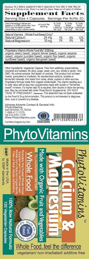 Organic Whole Food Calcium &amp Magnesium 120-Count Vegetarian Capsules by PhytoVitamins