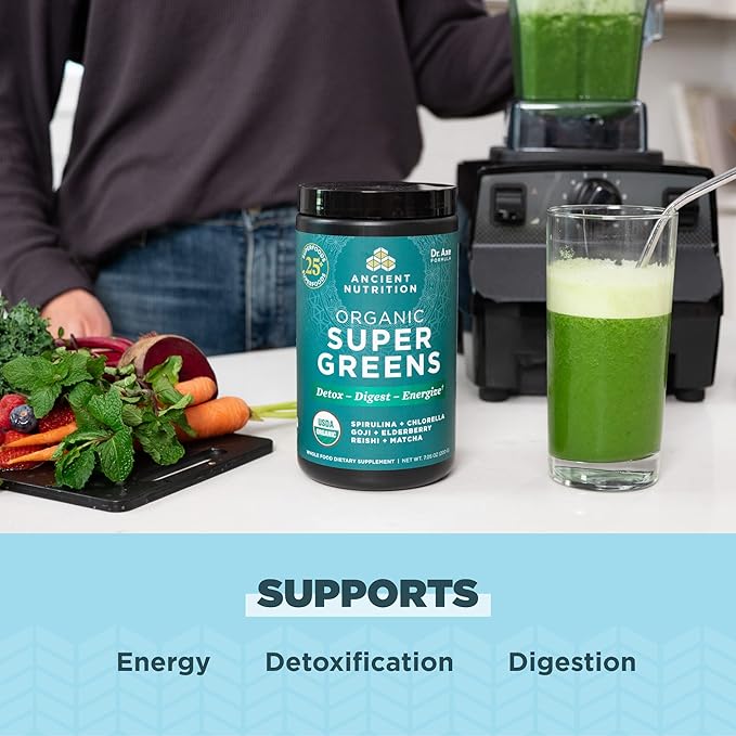 Ancient Nutrition Bone Broth Protein Powder Pure 20 Servings + Organic Supergreens Powder Greens Flavor 25 Servings