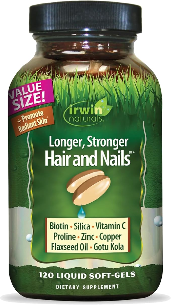 Irwin Naturals Longer Stronger Hair and Nails - 120 Liquid Softgels - Promotes Vibrant Shine Texture &amp Strength - 60 Total Servings