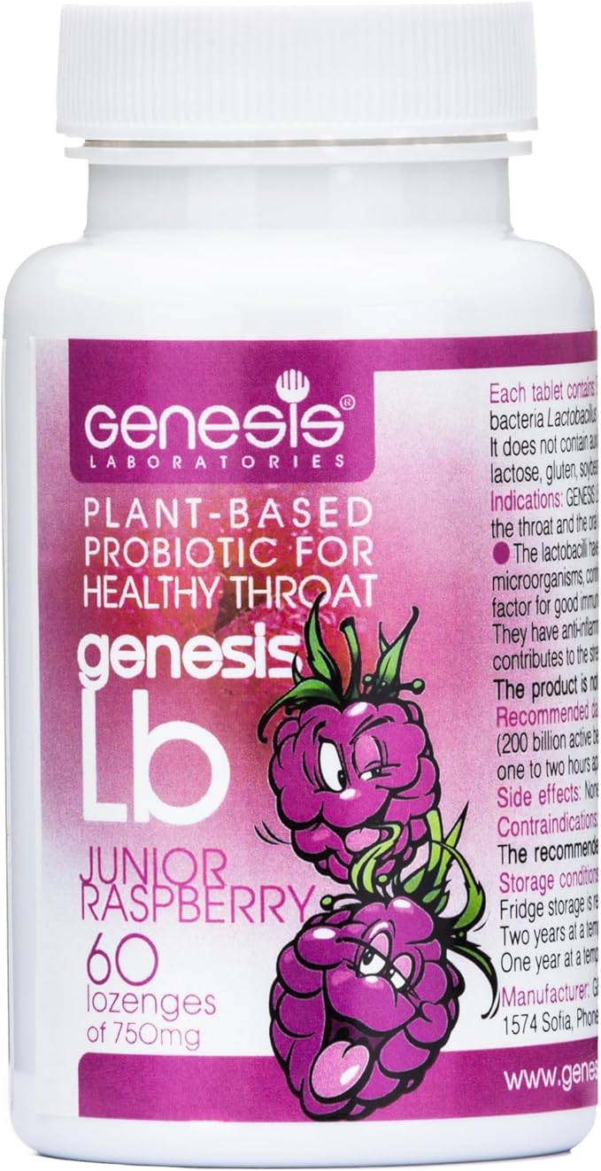 Genesis LB Junior Kids Probiotic | Plant-Based Raspberry Probiotic Lozenges for Children | BIO Vegan Oral &amp Throat Health + Gut &amp Immune Support | Dairy-Free Gluten-Free 60 Tablets