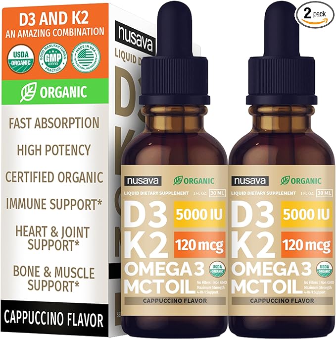 (2 Pack) Organic Vitamin D3 K2 Drops with MCT Oil Omega 3 5000 IU Maximum Strength Vitamin D Liquid No Fillers Non-GMO Liquid D3 for Faster Absorption Immune Support (Cappuccino Flavor 2 Fl Oz)