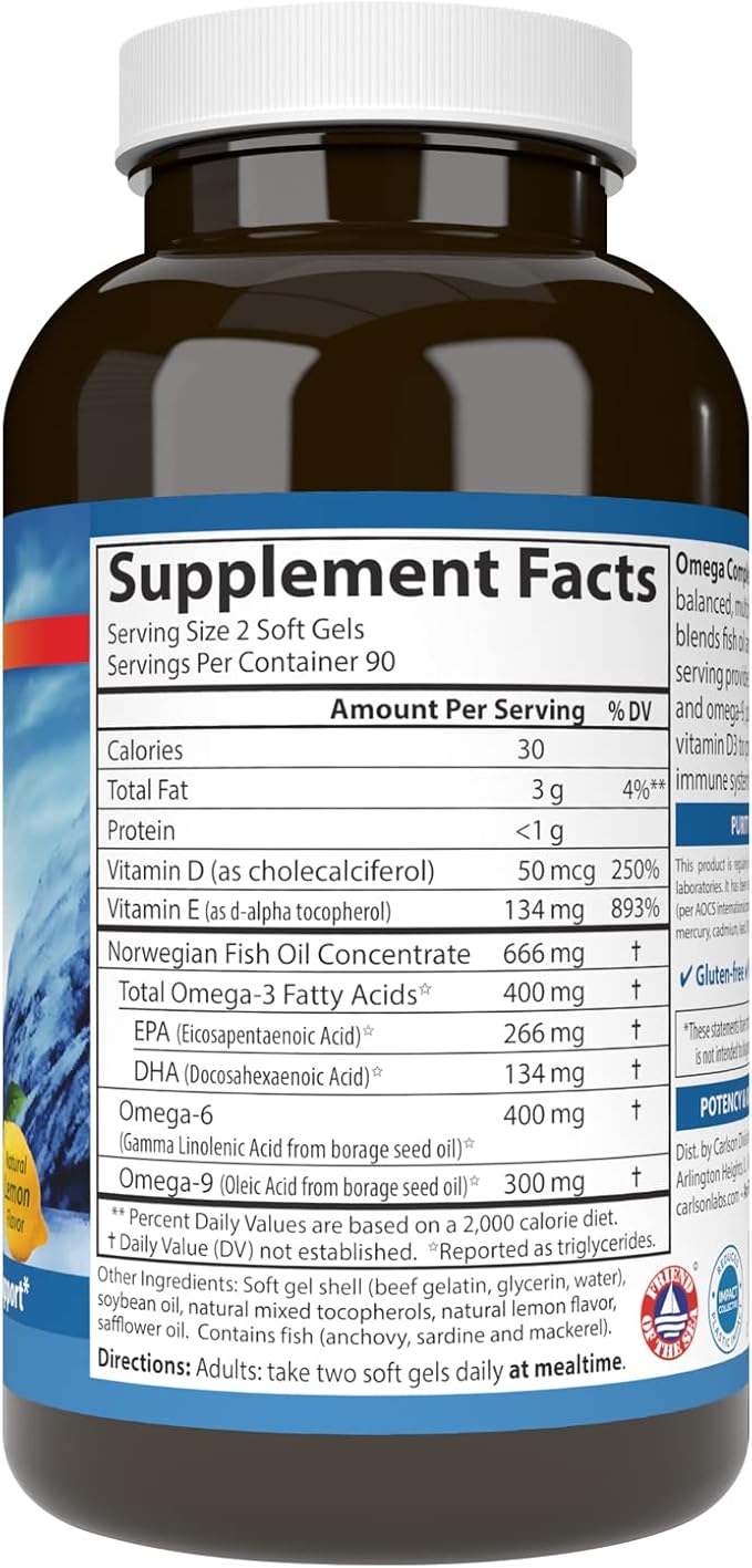 Carlson - Omega Complete Gems Omega-3-6-9 Wild Caught Sustainably Sourced Heart Health Joint Function &amp Immune Support 180 Softgels
