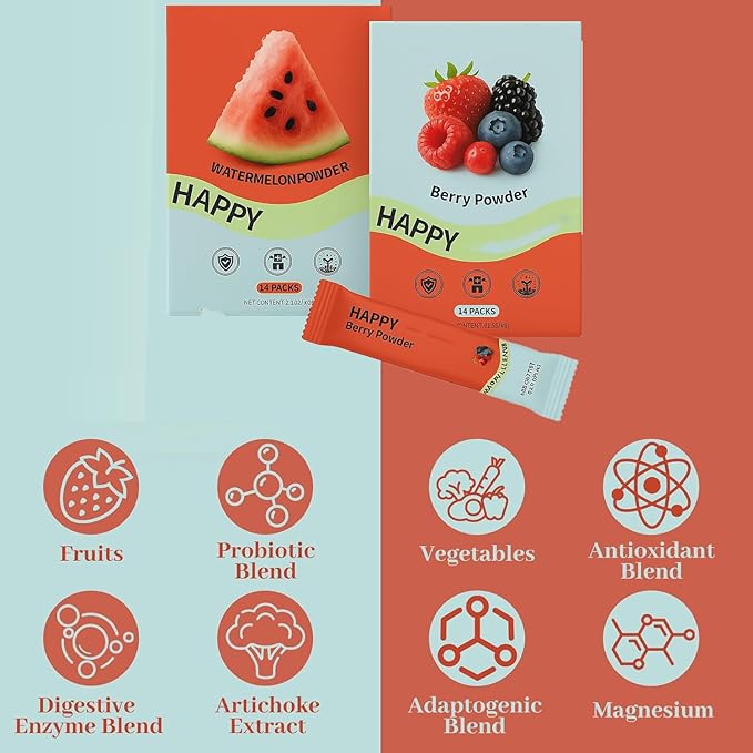 Superfood Powder Watermelon Berry Powder Probiotics with Fruits and Veggies - Immune Gut Health Support- Vegan- Gluten-Free - 28 Packets